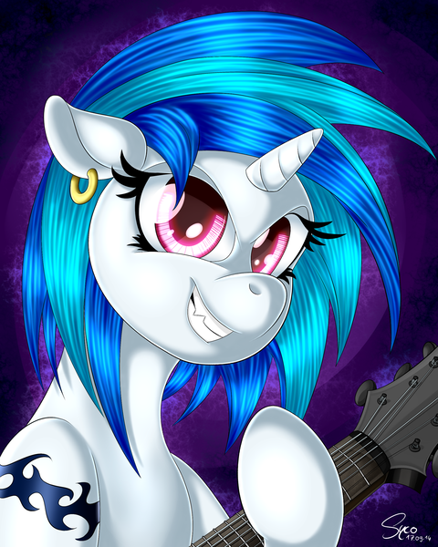 Size: 2000x2500 | Tagged: artist:sycoartworks, derpibooru import, earring, guitar, metal, safe, solo, tattoo, vinyl scratch