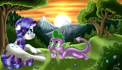 Size: 4000x2300 | Tagged: safe, artist:sycoartworks, derpibooru import, rarity, spike, dragon, pony, unicorn, female, male, plot, shipping, sparity, straight