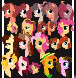 Size: 1712x1753 | Tagged: safe, artist:carranzis, derpibooru import, oc, oc:brownie, oc:cherry lucky chunga, oc:chim cherry, oc:chocolate fountain, oc:clementine marmalade, oc:cocoa cream, oc:cookie, oc:cream pie, oc:frosting sandwich, oc:fudge fondue, oc:funfetti doretti, oc:peach winnimere pie, oc:pizza pockets, oc:potato chip, oc:quiche, oc:rye pie, oc:shortcake, oc:silly string, oc:strawberry marscapone sandwich, unofficial characters only, pony, foal, offspring, parent:cheese sandwich, parent:pinkie pie, parents:cheesepie