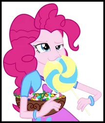 Size: 1024x1189 | Tagged: safe, artist:strumfreak, derpibooru import, edit, edited screencap, screencap, pinkie pie, equestria girls, bowl, candy, drool, lollipop, simple background, solo, transparent background