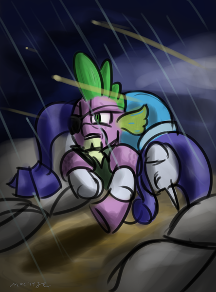 Size: 1280x1728 | Tagged: artist:mxcoriginal, derpibooru import, eyepatch, my little art challenge, rain, rarity, safe, spike