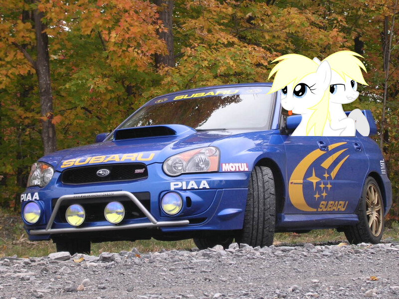 Size: 2048x1536 | Tagged: safe, artist:accu, derpibooru import, edit, oc, oc:aryanne, unofficial characters only, pony, 4chan, car, clone, female, irl, photo, ponies in real life, racing, rally, subaru, subaru impreza, world rally championship