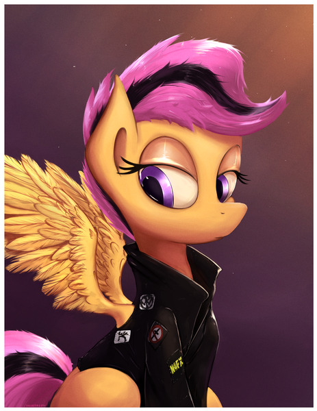 Size: 1080x1400 | Tagged: anarchy, artist:subjectnumber2394, badass, badass adorable, bad religion, clothes, cute, cutealoo, derpibooru import, jacket, leather jacket, nofx, operation ivy, pennywise, punk, safe, scootaloo, solo