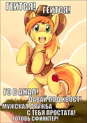 Size: 650x919 | Tagged: suggestive, artist:ende26, derpibooru import, edit, braeburn, earth pony, pony, bipedal, braebetes, caption, cute, implied sex, looking at you, male, open mouth, russian, smiling, solo, stallion, text