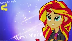 Size: 2560x1440 | Tagged: safe, artist:deathnyan, artist:givralix, artist:vaux111, derpibooru import, sunset shimmer, equestria girls, bedroom eyes, canterlot high, horseshoes, logo, numa numa, smiling, vector, wallpaper