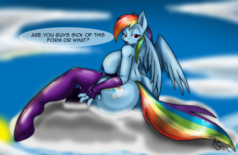 Size: 1420x927 | Tagged: anthro, artist:suirano, ass, breasts, busty rainbow dash, clothes, cloud, cloudy, curvy, derpibooru import, dialogue, female, gloves, looking at you, nipples, nudity, questionable, rainbow dash, rainbutt dash, sexy, solo, solo female, stupid sexy rainbow dash, the ass was fat, thigh highs, unguligrade anthro, voluptudash