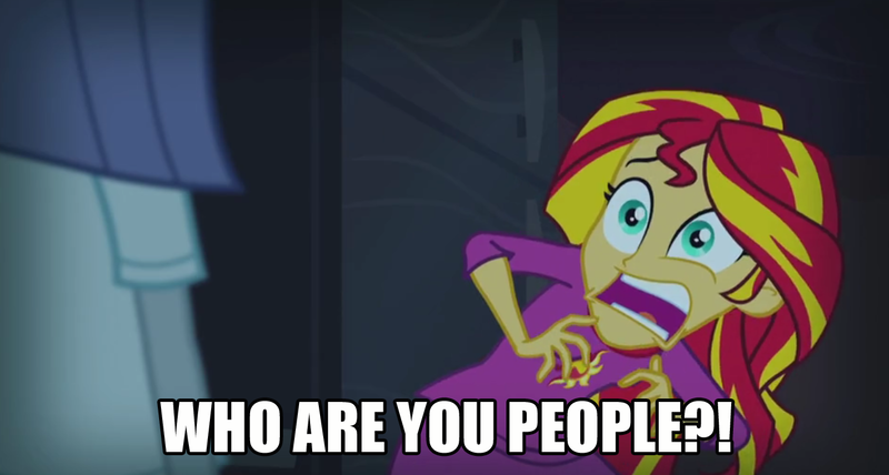 Size: 1347x721 | Tagged: safe, derpibooru import, edit, edited screencap, screencap, maud pie, sunset shimmer, equestria girls, rainbow rocks, caption, image macro, meme, patrick star, prehibernation week, reference, spongebob squarepants, sunset screamer