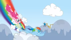 Size: 1920x1080 | Tagged: adventure time, artist:minimoose772, cloud, crossover, derpibooru import, flying, goggles, pinkie pie, rainbow dash, safe, tail bite