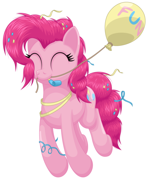 Size: 2560x3120 | Tagged: artist:ohemo, balloon, confetti, derpibooru import, eyes closed, happy, messy mane, mouth hold, party whistle, pinkie pie, pronking, safe, simple background, solo, streamers, transparent background