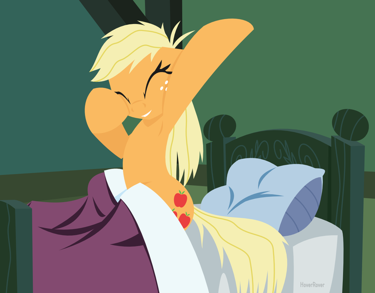Size: 1280x1000 | Tagged: safe, artist:hoverrover, derpibooru import, applejack, earth pony, pony, bed, cute, cutie mark, eyes closed, female, freckles, hooves, jackabetes, lineless, mare, morning ponies, pillow, sitting, smiling, solo, teeth, waking up