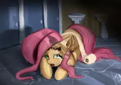 Size: 4093x2894 | Tagged: artist:dueswals, bullying, crying, derpibooru import, fluttershy, sad, safe, solo, toilet paper, wet