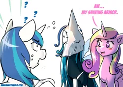 Size: 700x495 | Tagged: :>, 30 minute art challenge, artist:bakki, blushing, cadance is a goddamn moron, confused, derpibooru import, idiot, open mouth, paper-thin disguise, princess cadance, queen chrysalis, question mark, safe, shining armor, smiling, spot the imposter, spy, wide eyes