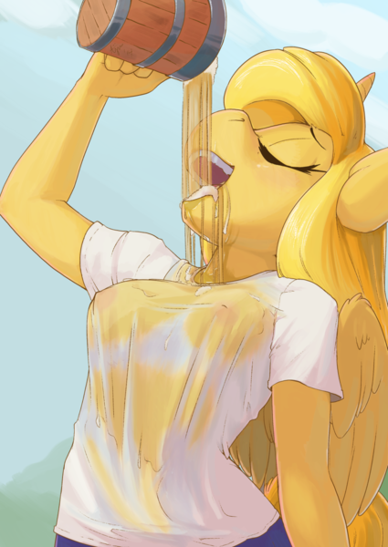 Size: 906x1280 | Tagged: alicorn, alicorn oc, anthro, artist:ajin, breasts, cider, derpibooru import, drinking, female, nipples, nudity, oc, oc:ticket, questionable, see-through, titcket, unofficial characters only, wet shirt