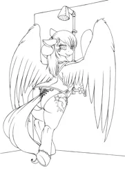 Size: 873x1204 | Tagged: dead source, source needed, useless source url, suggestive, artist:longinius, derpibooru import, oc, oc:star dancer, unofficial characters only, pegasus, pony, semi-anthro, series:rarity's secret, bipedal, clothes, female, grayscale, large butt, lineart, looking at you, looking back, monochrome, one-piece swimsuit, open-back swimsuit, plot, shower, solo, solo female, swimsuit, wedgie