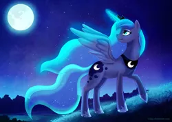 Size: 1628x1152 | Tagged: safe, artist:vilina, derpibooru import, princess luna, alicorn, pony, female, magic, mare, moon, moonrise, night, profile, sky, solo, starry night, stars, telekinesis