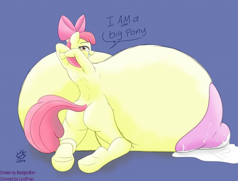 Size: 1280x975 | Tagged: anthro, apple bloom, artist:badgerben, artist:lord-friez, ass, big areola, big breasts, big nipples, bow, breasts, breasts on floor, busty apple bloom, derpibooru import, dialogue, excessive milk, female, grin, huge areola, huge breasts, hyper breasts, impossibly large areola, impossibly large breasts, kneeling, lactation, looking at you, looking back, milk, nipples, nudity, older, puddle, questionable, solo, solo female, underhoof, unguligrade anthro