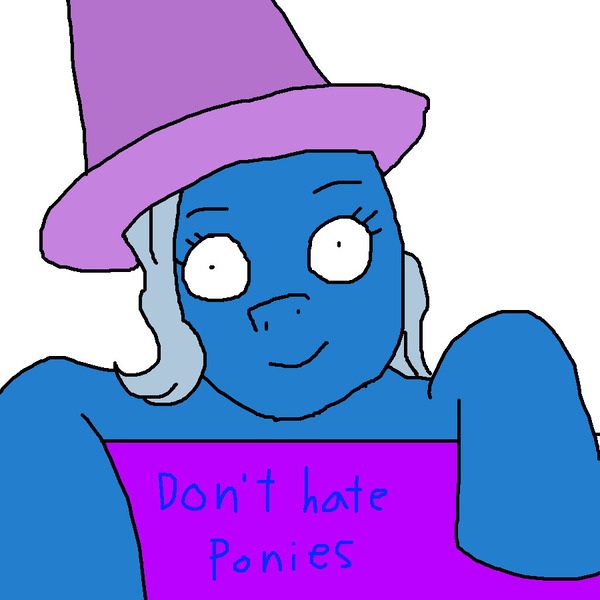 Size: 900x900 | Tagged: safe, artist:pewdie-pinkiepie, derpibooru import, trixie, pig, pony, unicorn, 1000 hours in ms paint, female, hat, mare, mouthpiece, ms paint, sign, solo, text