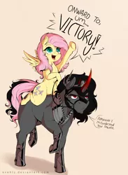Size: 1500x2044 | Tagged: artist:evehly, belly button, bridle, cute, derpibooru import, female, fluffy, fluttershy, frown, harness, king sombra, male, open mouth, pointing, ponies riding ponies, raised hoof, raised leg, reins, riding, safe, shipping, shyabetes, smiling, sombradorable, sombrashy, straight, unamused, underhoof, walking