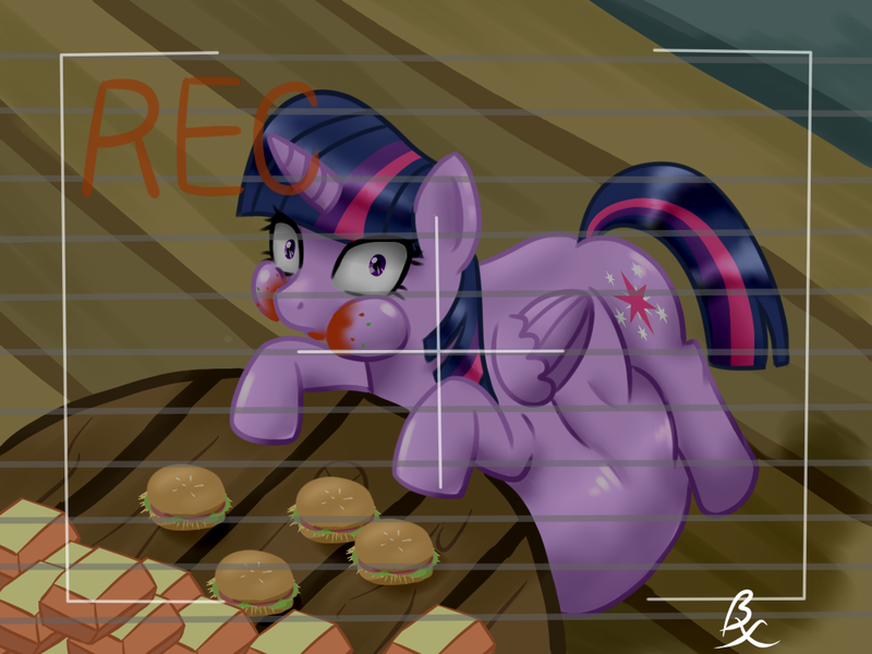 Size: 1024x768 | Tagged: questionable, artist:40450, derpibooru import, twilight sparkle, twilight sparkle (alicorn), alicorn, pony, belly, eating, fat, female, hay burger, inflation, mare, obese, recording, solo, solo female, that pony sure does love burgers, twilard sparkle, twilight burgkle