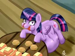 Size: 1024x768 | Tagged: safe, artist:40450, derpibooru import, twilight sparkle, twilight sparkle (alicorn), alicorn, pony, belly, big belly, eating, fat, female, hay burger, mare, obese, solo, stuffed, that pony sure does love burgers, twilard sparkle, twilight burgkle, weight gain