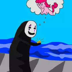 Size: 900x900 | Tagged: 1000 hours in ms paint, artist:pewdie-pinkiepie, crossover, derpibooru import, gold, mask, memory, ms paint, no-face, ocean, pinkie pie, poop, safe, shipping, spirited away, thought bubble, wat, why