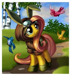 Size: 1272x1363 | Tagged: safe, artist:harwick, derpibooru import, fluttershy, bird, pegasus, pony, bunny ears, clothes, costume, dangerous mission outfit, female, goggles, hoodie, mare, solo