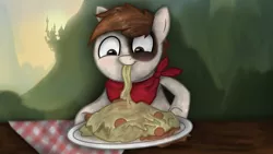 Size: 1024x576 | Tagged: artist:teschke, cute, handkerchief, pipsqueak, pipsqueak eating spaghetti, safe, solo, spaghetti