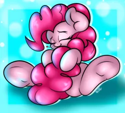 Size: 2000x1800 | Tagged: artist:ep-777, blue background, cute, dead source, derpibooru import, diapinkes, heart, pinkie pie, safe, shadow, simple background, solo, strategically covered, tail censor, tail hug, underhoof
