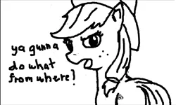 Size: 1006x603 | Tagged: angry, applejack, artist:mediocre, black and white, derpibooru import, flockmod, grayscale, looking at you, safe