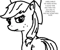 Size: 603x499 | Tagged: angry, applejack, artist:mediocre, black and white, derpibooru import, flockmod, grayscale, looking at you, rude, safe