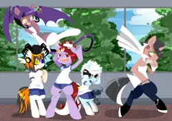 Size: 799x566 | Tagged: safe, artist:snow angel, derpibooru import, oc, oc:black ink, oc:miss bat, oc:spider, unofficial characters only, pony, spider, bipedal, black sclera, heterochromia, school, sports shorts