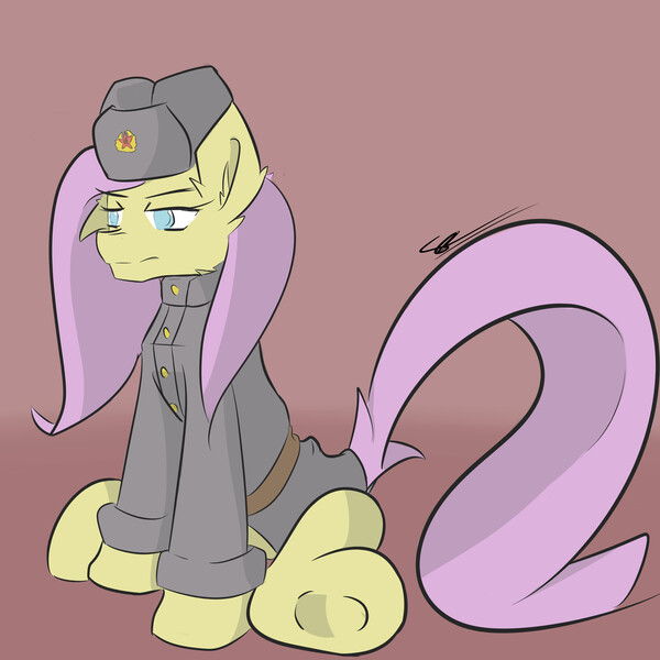 Size: 4500x4500 | Tagged: absurd resolution, artist:srogerss1, clothes, communism, fluttershy, hat, safe, sitting, soviet, soviet pony, uniform