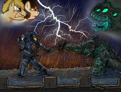 Size: 2048x1556 | Tagged: artist:chiimich, derpibooru import, fight, jaeger, kaiju, leatherback, mako mori, mech, pacific rim, ponified, raleigh beckett, safe