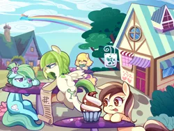 Size: 1600x1200 | Tagged: safe, artist:huaineko, derpibooru import, rainbow dash, oc, oc:beibei, oc:chidey, oc:vanilla, pegasus, pony, cafeteria, clothes, cloud, cupcake, female, floppy ears, food, licking, licking lips, mare, mountain, pixiv, ponyville, rainbow trail, scarf, sky, tongue out, tree, wagon