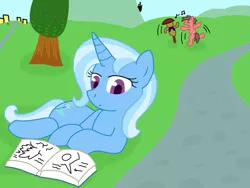 Size: 1024x768 | Tagged: safe, artist:tasticstarlight, derpibooru import, trixie, oc, oc:big brian, pony, banned from equestria daily, book, reading