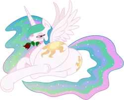 Size: 10000x8026 | Tagged: suggestive, artist:verard87, artist:zev, derpibooru import, princess celestia, alicorn, pony, absurd resolution, bedroom eyes, blushing, both cutie marks, cutie mark, ethereal mane, ethereal tail, female, flower, flowing mane, flowing tail, looking at you, looking back, mare, missing accessory, mouth hold, multicolored mane, multicolored tail, plot, praise the sun, purple eyes, rose, royalty, seductive, sexy, side, simple background, smiling, sparkles, spread wings, stupid sexy celestia, sunbutt, the ass was fat, transparent background, underhoof, vector, wingboner