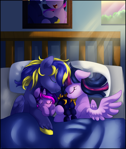 Size: 2273x2682 | Tagged: safe, artist:xnightmelody, derpibooru import, twilight sparkle, twilight sparkle (alicorn), oc, oc:night sky, oc:violet star, oc:zephyr, alicorn, pony, bed, canon x oc, cute, family, female, mare, ocbetes, offspring, parent:oc:zephyr, parent:twilight sparkle, parents:canon x oc, parents:twiphyr, sleeping, twiphyr, unshorn fetlocks