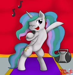 Size: 3166x3250 | Tagged: safe, artist:bigrinth, derpibooru import, princess celestia, pony, bipedal, microphone, ponytail, singing, solo, wink