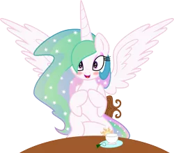 Size: 8524x7500 | Tagged: safe, artist:verard87, artist:zev, derpibooru import, princess celestia, alicorn, pony, :d, absurd resolution, blushing, cute, cutelestia, female, looking at you, mare, missing accessory, open mouth, simple background, sitting, smiling, solo, spread wings, tea, transparent background