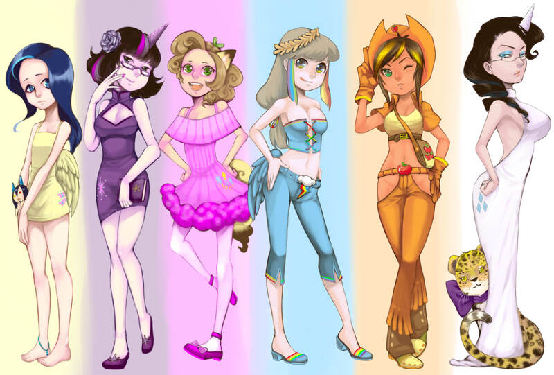 Size: 1748x1181 | Tagged: applejack, artist:malamilje, barefoot, belly button, breasts, chaps, derpibooru import, feet, fluttershy, horned humanization, human, humanized, mane six, midriff, natural hair color, pinkie pie, pixiv, rainbow dash, rarity, suggestive, twilight sparkle