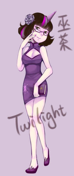 Size: 500x1181 | Tagged: artist:malamilje, cleavage, derpibooru import, female, glasses, horned humanization, human, humanized, natural hair color, pixiv, safe, solo, tube dress, twilight sparkle