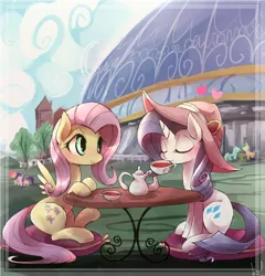 Size: 1000x1040 | Tagged: safe, artist:kolshica, derpibooru import, fluttershy, rarity, pegasus, pony, unicorn, blushing, cup, drink, eyes closed, female, flarity, hat, lesbian, mare, shipping, sitting, table, tea, teacup, teapot