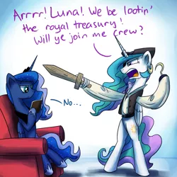 Size: 1200x1200 | Tagged: safe, artist:anticular, derpibooru import, princess celestia, princess luna, pony, ask sunshine and moonbeams, bipedal, book, chair, clothes, eyepatch, hat, hook, international talk like a pirate day, pirate, reading, tumblr, wooden sword