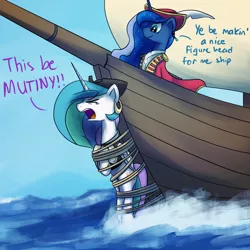 Size: 1200x1200 | Tagged: safe, artist:anticular, derpibooru import, princess celestia, princess luna, alicorn, pony, ask sunshine and moonbeams, boat, bondage, clothes, duo, duo female, earring, eyes closed, female, hat, hook, international talk like a pirate day, mare, ocean, open mouth, pirate, rope, tumblr, unsexy bondage, water