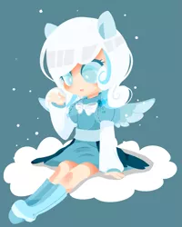 Size: 1175x1467 | Tagged: artist:snow angel, clothes, cloud, derpibooru import, dress, eared humanization, human, humanized, looking at something, oc, oc:snowdrop, on a cloud, pixiv, safe, sitting, solo, unofficial characters only, winged humanization