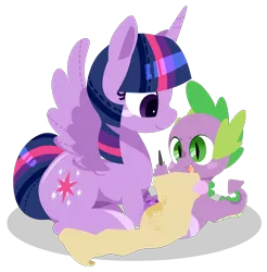 Size: 2028x2059 | Tagged: safe, artist:snow angel, derpibooru import, spike, twilight sparkle, twilight sparkle (alicorn), alicorn, pony, female, mare, pixiv, scroll, simple background, transparent background, watermark