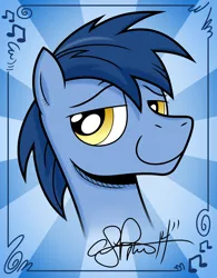 Size: 1920x2462 | Tagged: safe, artist:andypriceart, artist:chainchomp2, derpibooru import, blues, noteworthy, earth pony, pony, autograph, high res, male, smiling, solo, stallion, sunburst background, vector