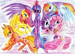 Size: 5120x3657 | Tagged: safe, artist:julunis14, derpibooru import, applejack, fluttershy, pinkie pie, rainbow dash, rarity, twilight sparkle, twilight sparkle (alicorn), alicorn, pony, female, mane six, mare, traditional art