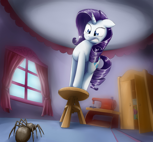 Size: 3961x3689 | Tagged: safe, artist:otakuap, derpibooru import, rarity, pony, spider, unicorn, arachnophobia, curtains, fear, female, mare, scared, sewing machine, solo, stool, window