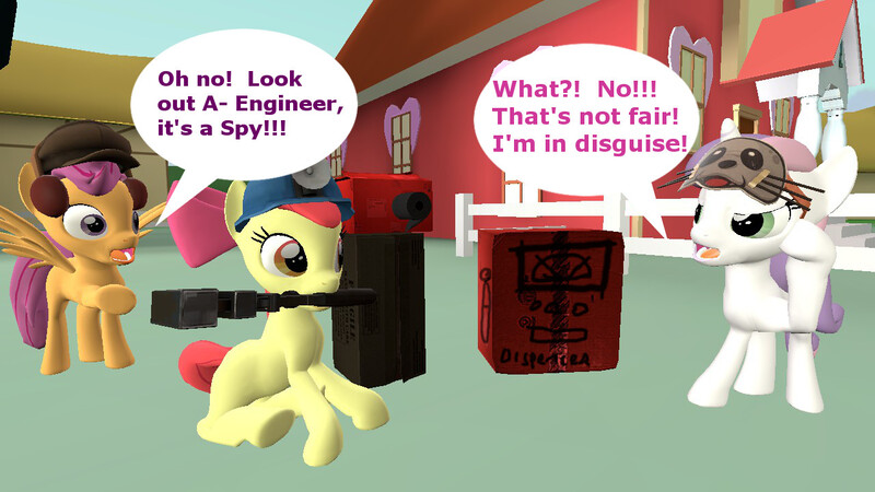 Size: 1280x720 | Tagged: 3d, apple bloom, artist:pika-robo, comic, cutie mark crusaders, derpibooru import, dispenser, engie bloom, engineer, gmod, playing, pretend, safe, scootaloo, scout, scoutaloo, sentry, spy, sweetie belle, sweetie spy, team fortress 2, wrench